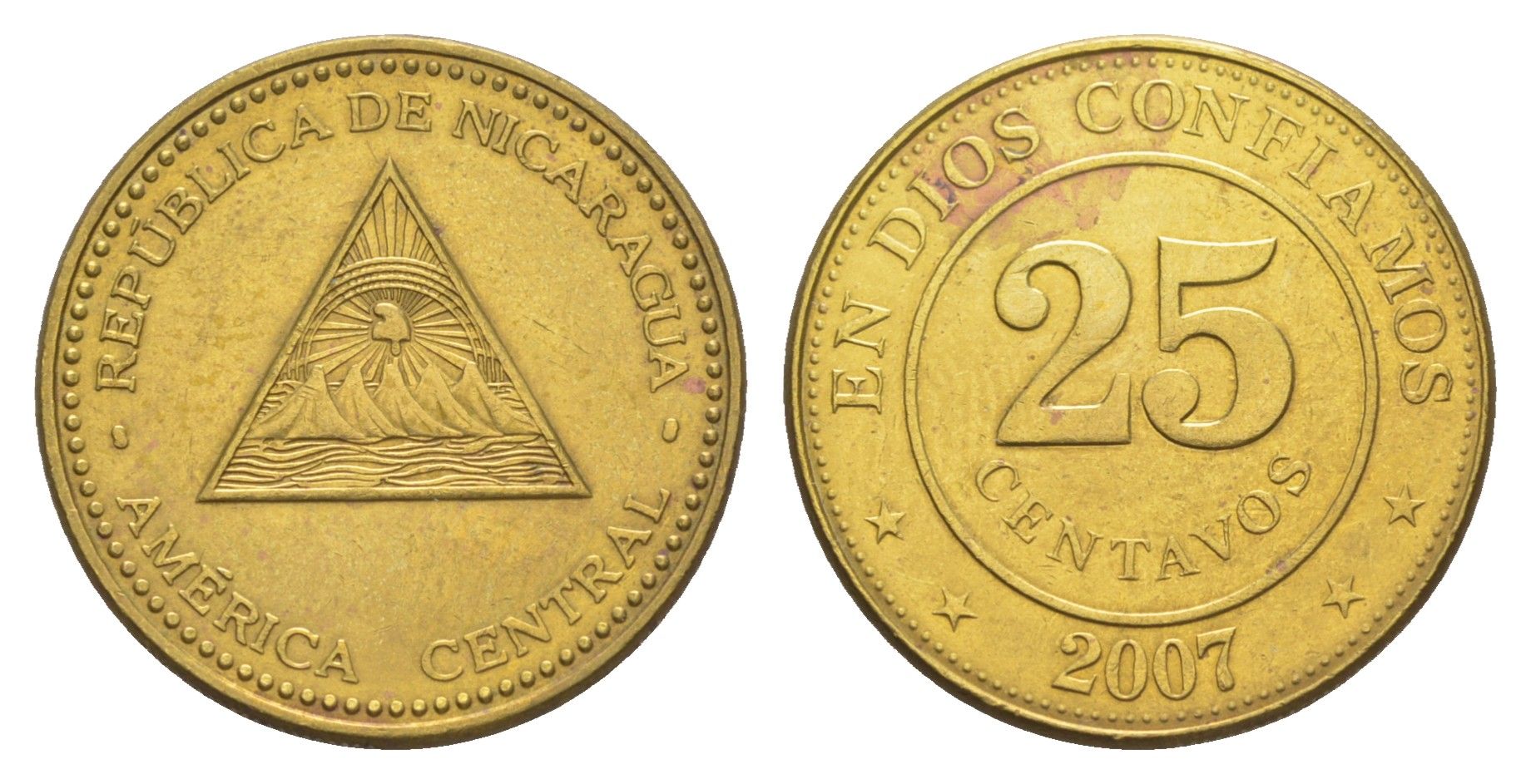 Никарагуа 25 сентаво 2007 KM 104 сталь плакированная латунью UNC 4641-315