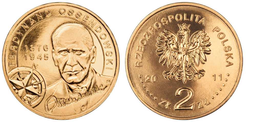 Польша 2 злотых 2011 серия польские путешественники, Фердинанд Оссендовский KM 797 латунь UNC M3-05