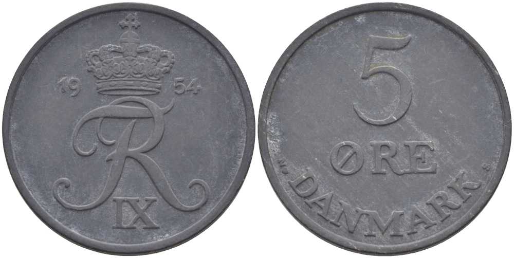 ДАНИЯ 5 ЭРЕ 1954 N; S, ФРЕДЕРИК IX (1947-1972) KM 843.1 цинк 38-412