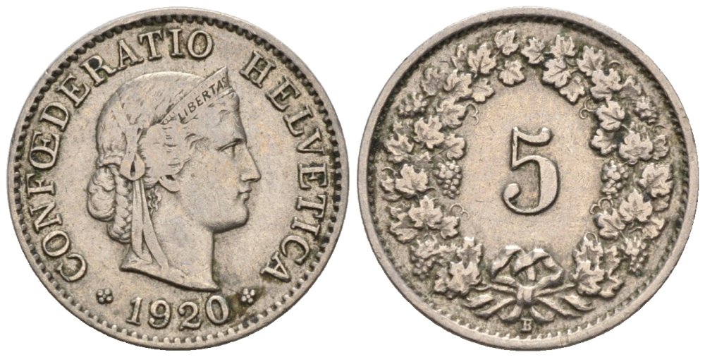 Швейцария 5 раппенов 1920 В KM 26 медно-никель 4576-922