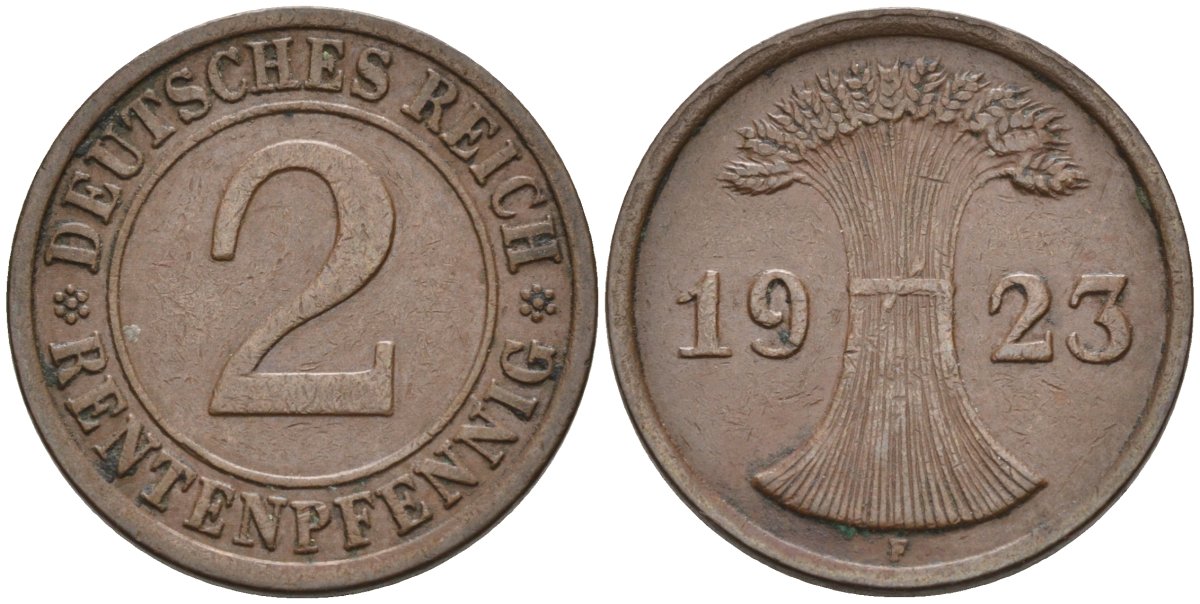 Германия 2 рентенпфеннига 1923 F, выпуск 1924 года KM 31, J.307, Weege 3 медь 4584-556