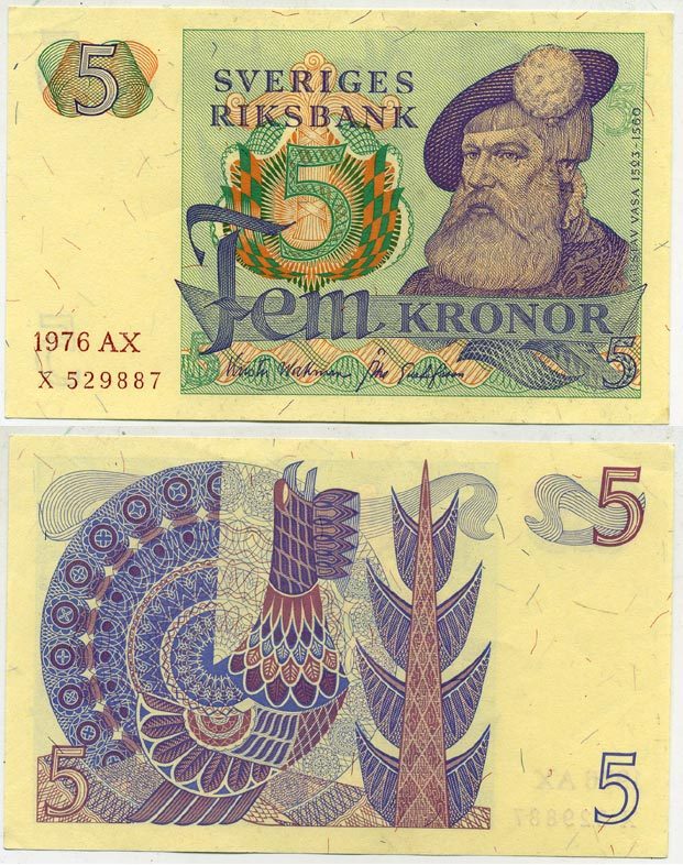 Швеция 5 крон 1976 AX, Густав I Ваза Pick 51c бумага aUNC 445-2-1
