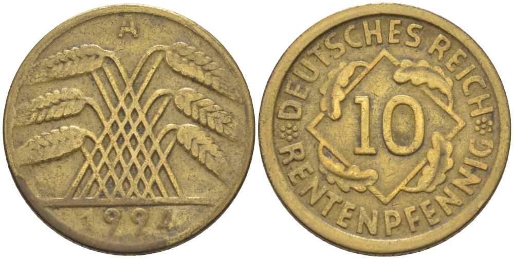 ГЕРМАНИЯ 10 РЕНТЕНПФЕННИГОВ 1924 A KM 33, J.309, Weege 8 алюминиевая бронза 202-235