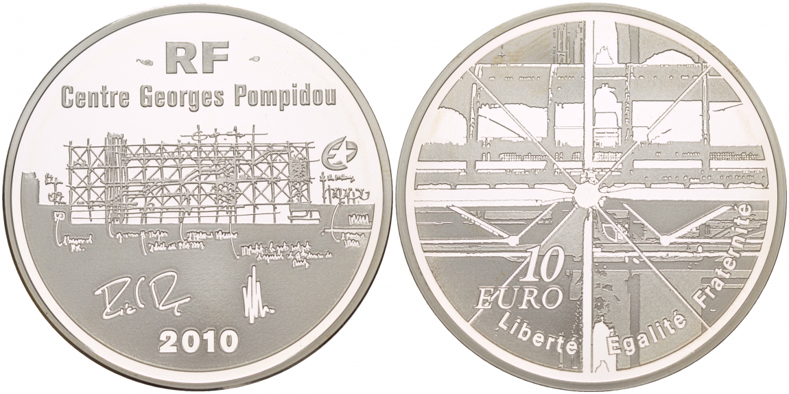 Франция 10 евро 2010 центр  Жоржа Помпиду KM 1686 серебро PROOF 11-076-23