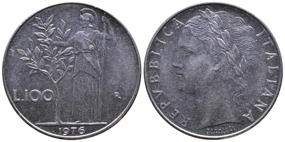 ИТАЛИЯ 100 ЛИР 1976 R, АФИНА KM 96.1 нержавеющая сталь 3334-946