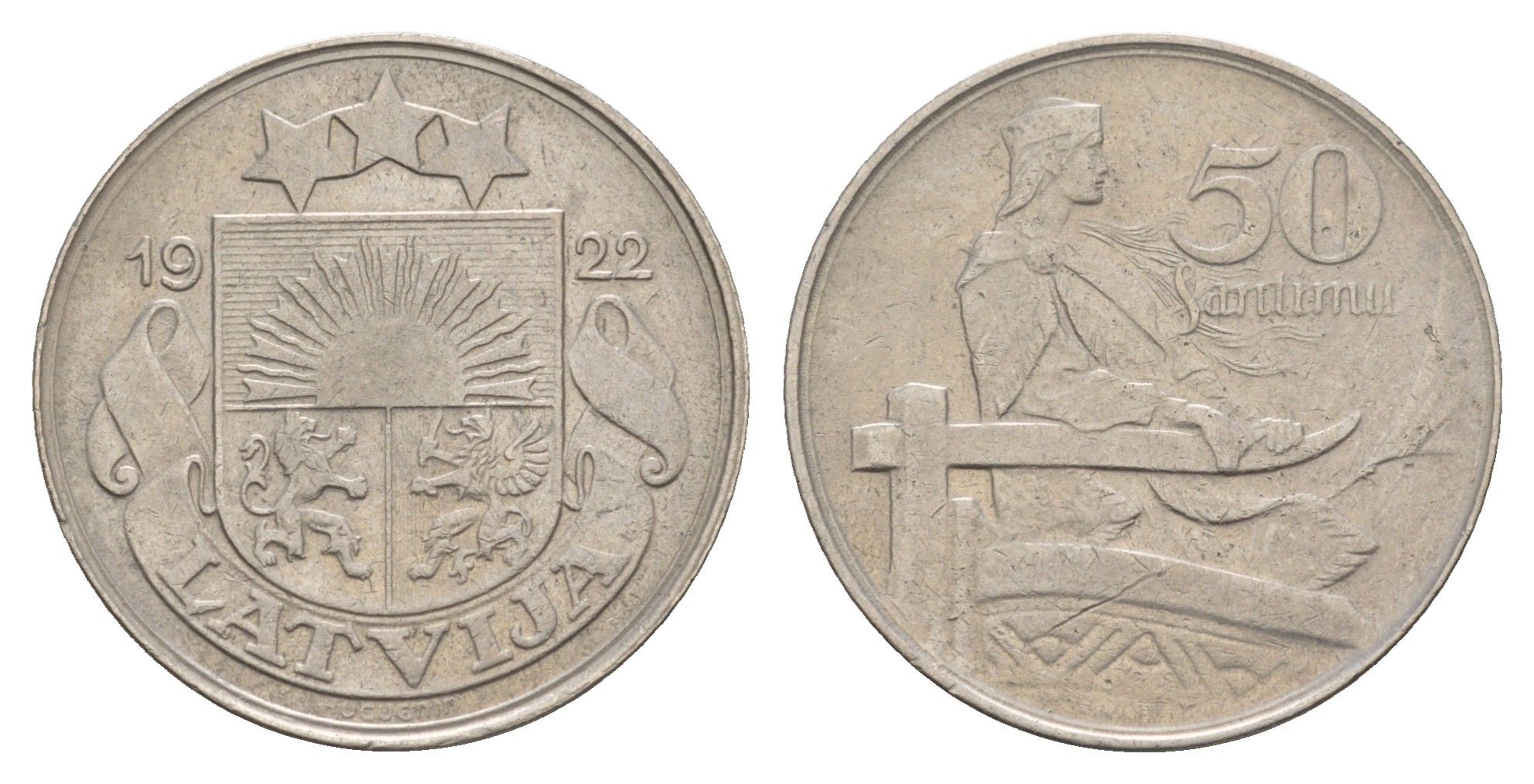 Латвия 50 сантимов 1922 год-тип KM 6 никель 4657-753