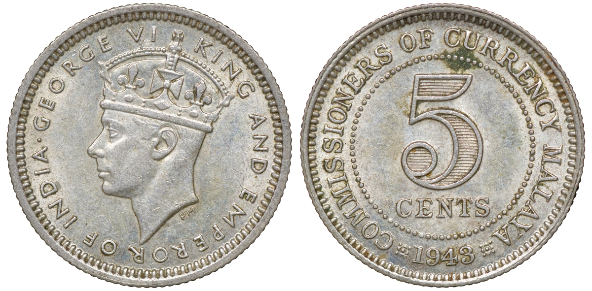 Британская Малайя 5 центов 1943 Георг VI (1937-1952) KM 3a серебро 53-146