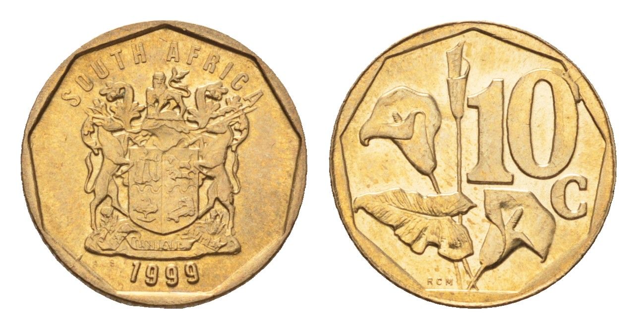 ЮАР 10 центов 1999 герб, цветок алоэ KM 161 сталь плакированная бронзой UNC 4694-756