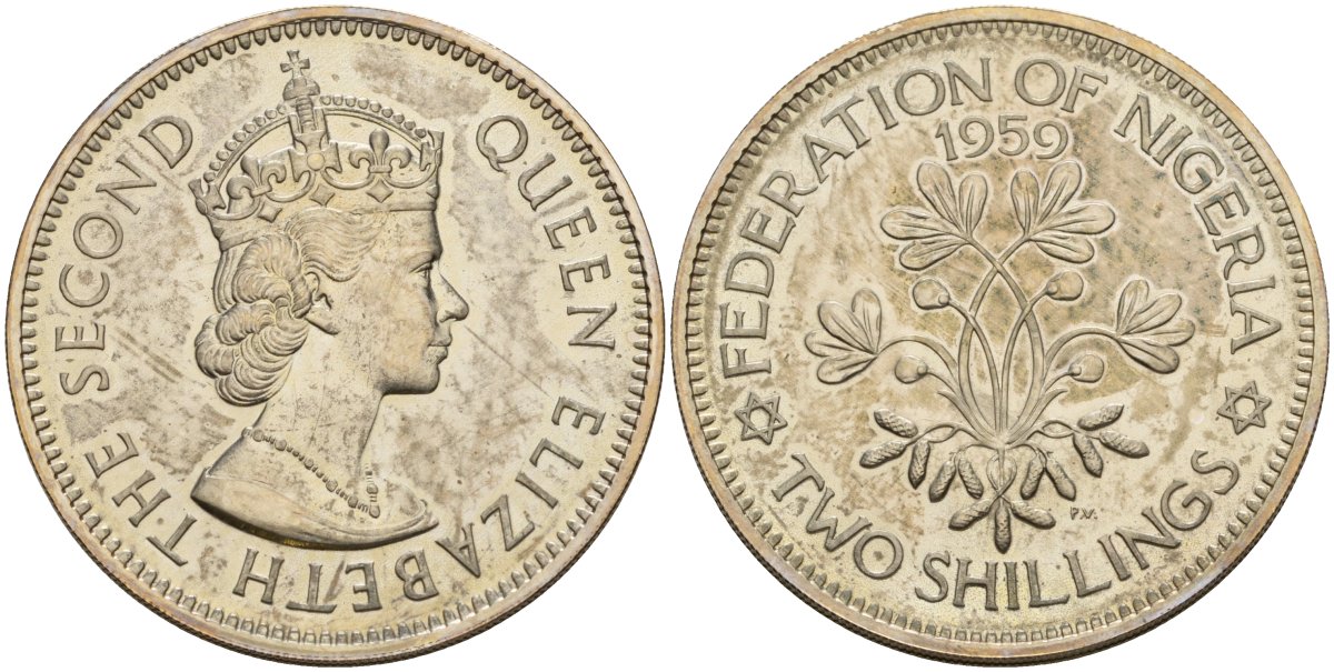 Нигерия 2 шиллинга 1959 Елизавета II (1952-), Британский протекторат KM 6 медно-никель PROOF 3711-314