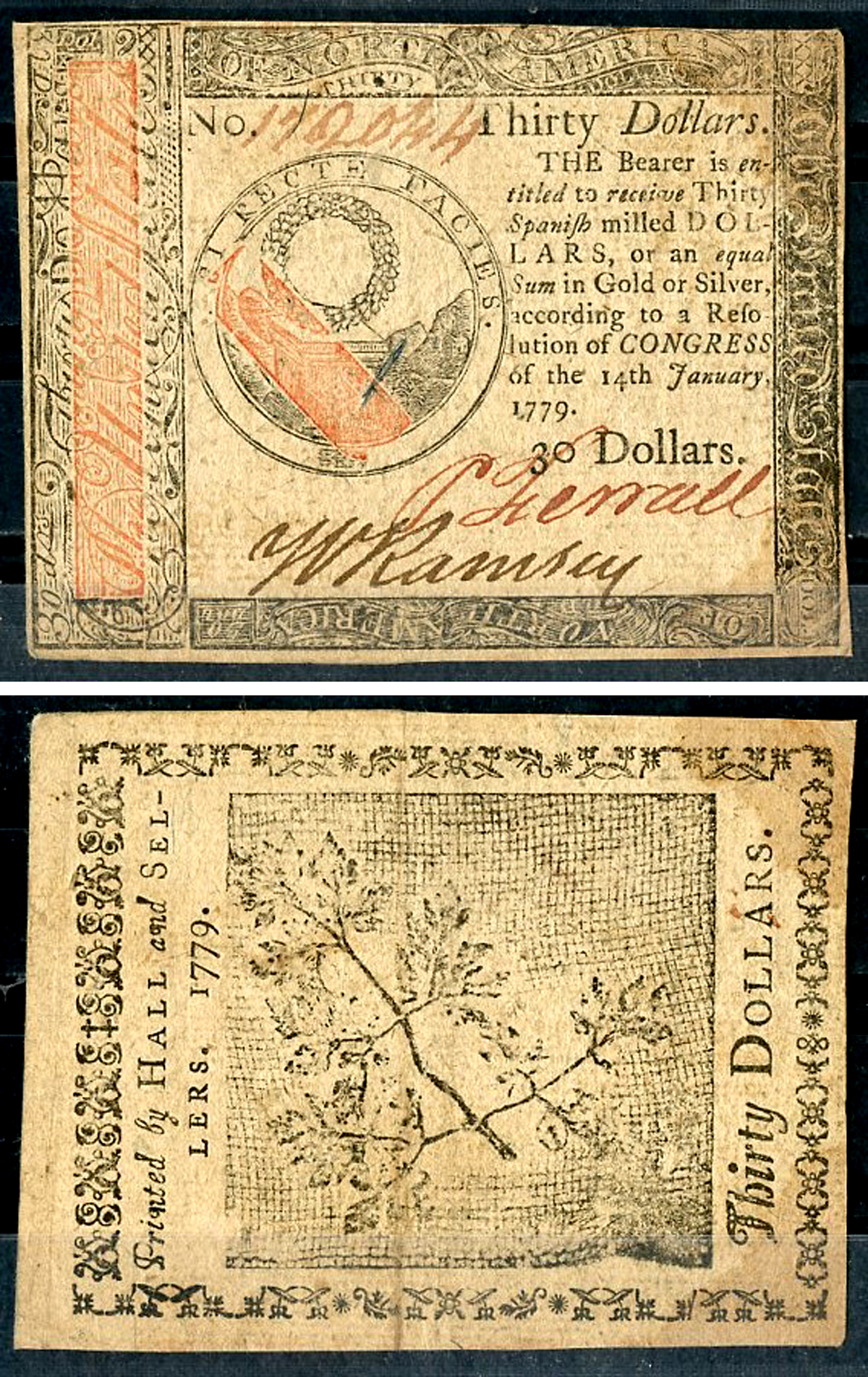 США, Континентальный доллар (Continental Currency) 30 долларов  1779 14 января 1779 г. № 172044. Венок на могиле, вьющиеся дымящиеся листья Friedberg № СС-93. Pick S193  бумага   10-2-29-1