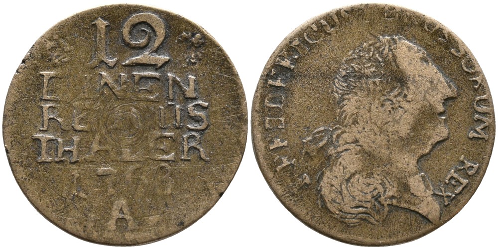 ПРУССИЯ 1/12 ТАЛЕРА 1768 А, ФРИДРИХ II (1740-1786), ПОДДЕЛКА ТОГО ВРЕМЕНИ, ДРУГАЯ ГОЛОВА И БУКВА, НЕ СЕРЕБРО 4529-715