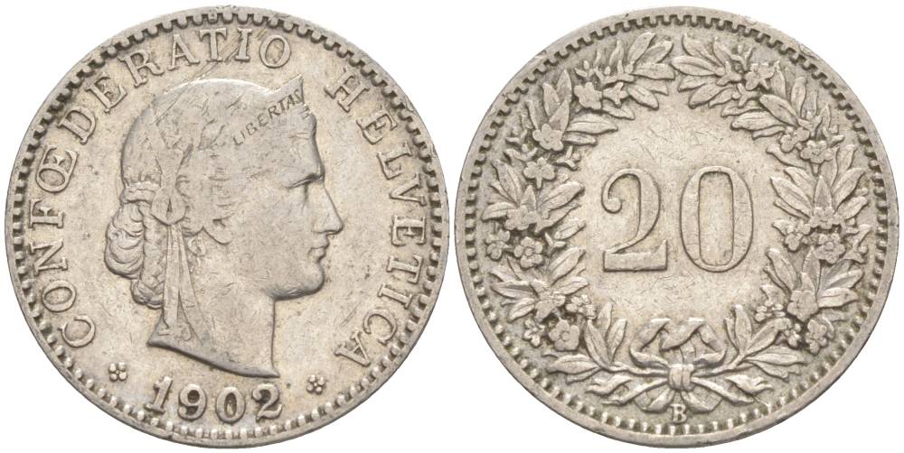 ШВЕЙЦАРИЯ 20 РАППЕНОВ 1902 В KM 29 никель 55-617