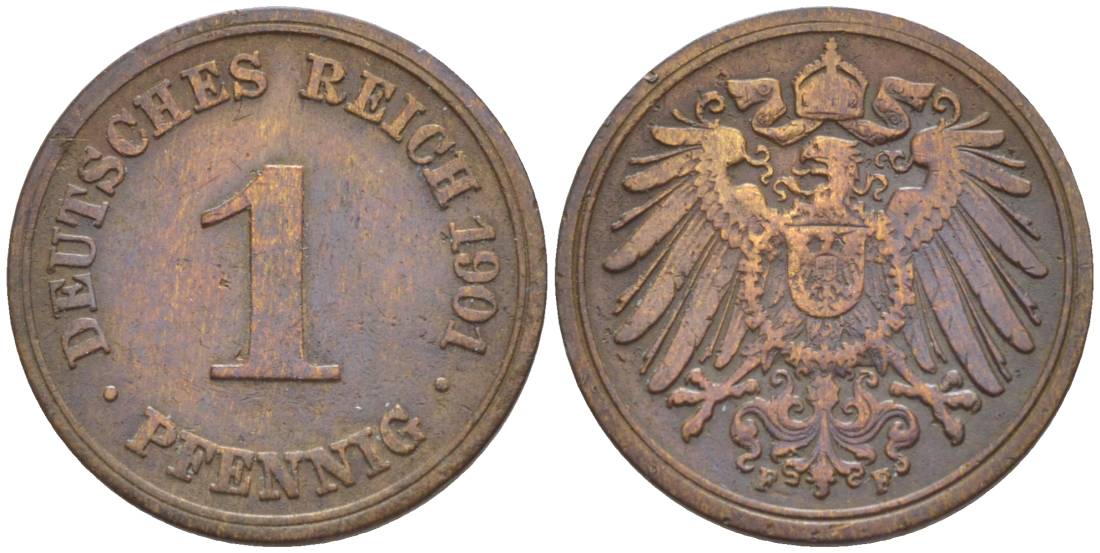 ГЕРМАНИЯ 1 ПФЕННИГ 1901 F KM 10, Jager. 10, Weege 2 медь 4528-1169