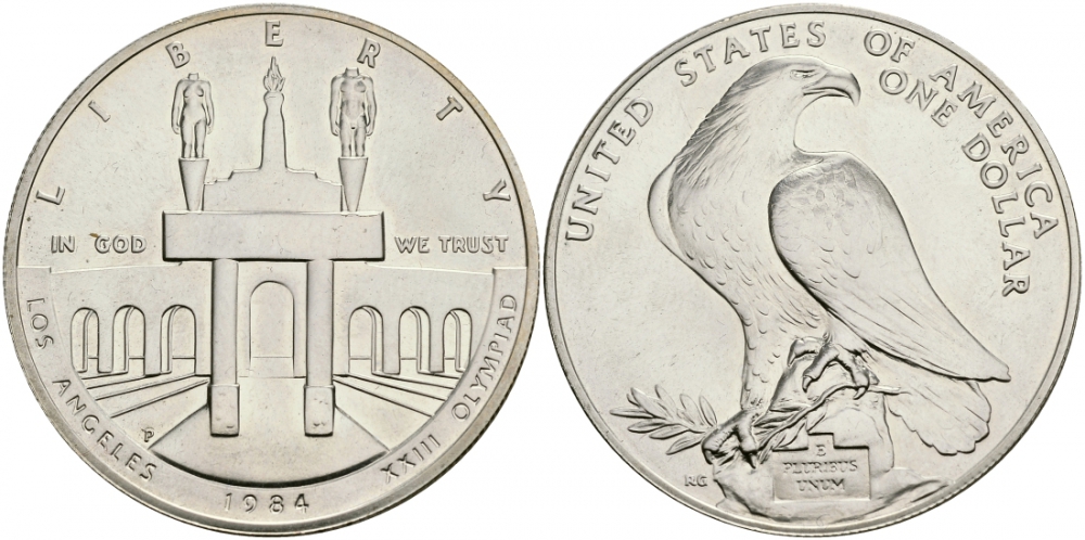 США 1 доллар 1984 XXII Олимпийские игры в Лос-Анжелесе, стадион, P KM 210 серебро UNC 4127-923