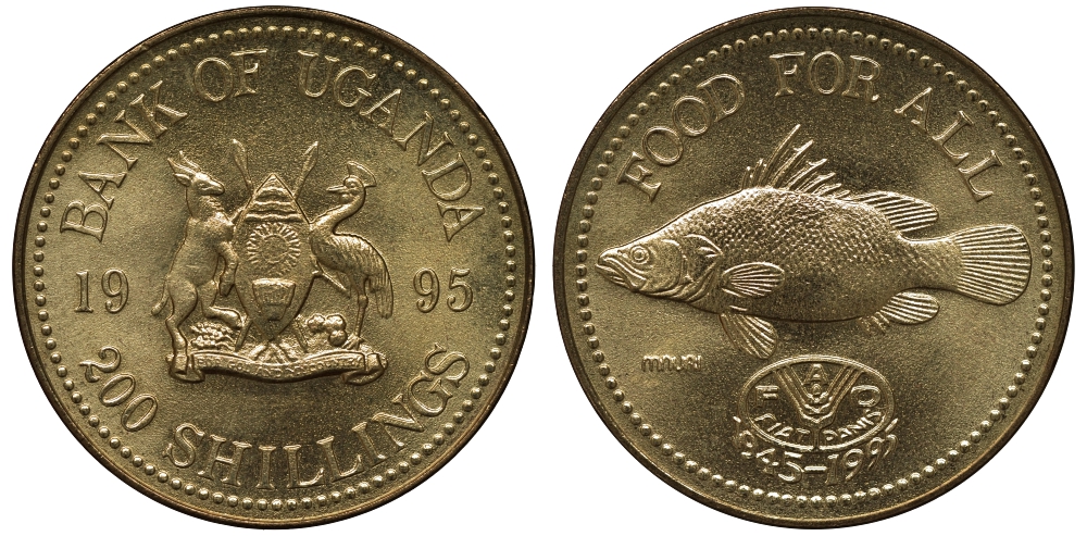 Уганда 200 шиллингов 1995 50 лет FAO, рыба KM 148 алюминиевая бронза UNC M23-13