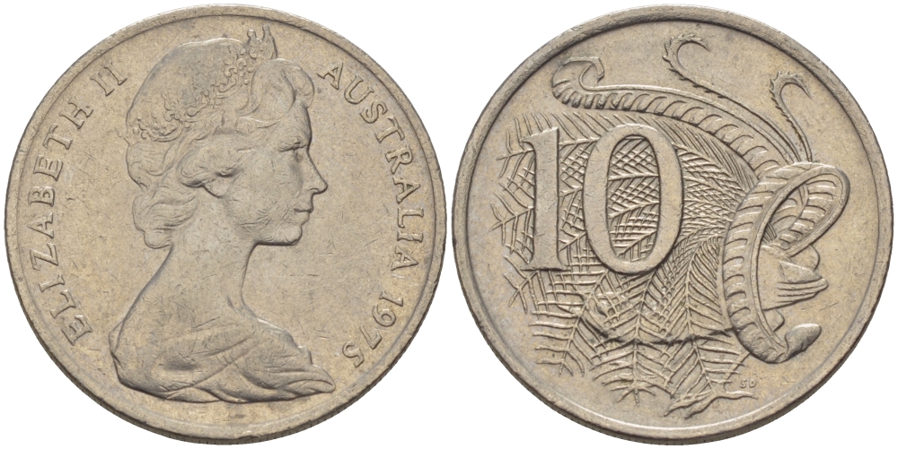 Австралия 10 центов 1975 Елизавета II (1952-), птица лирахвост KM 65 медно-никель 67-544