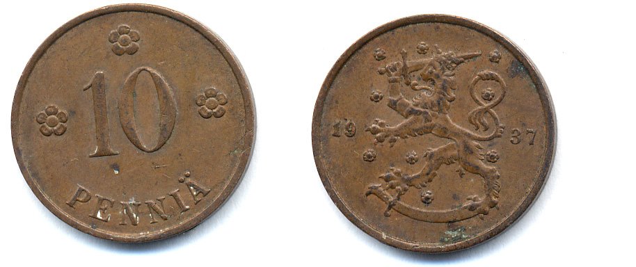 Финляндия 10 пенни 1937 республика (1918-1962) KM 24 медь 51-5544