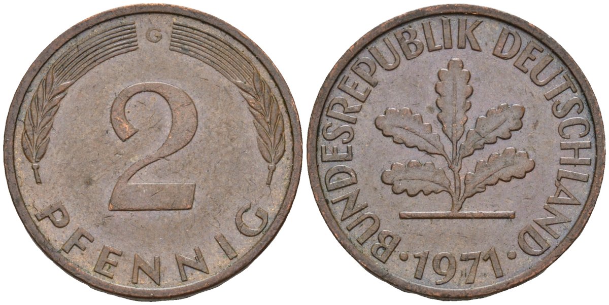 ФРГ 2 пфеннига 1971 G KM 106a, J.381 сталь плакированная медью 3955-1168