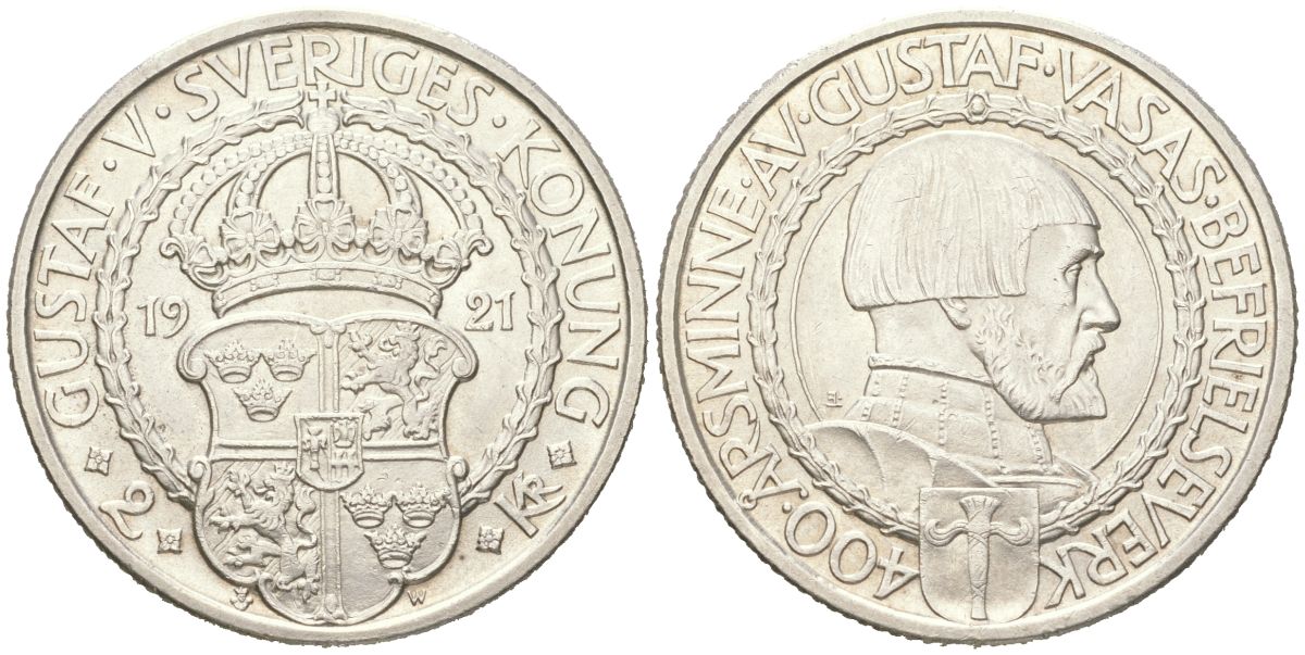 Швеция 2 кроны 1921 400 лет Войне за Независимость KM 799 серебро UNC 81-514