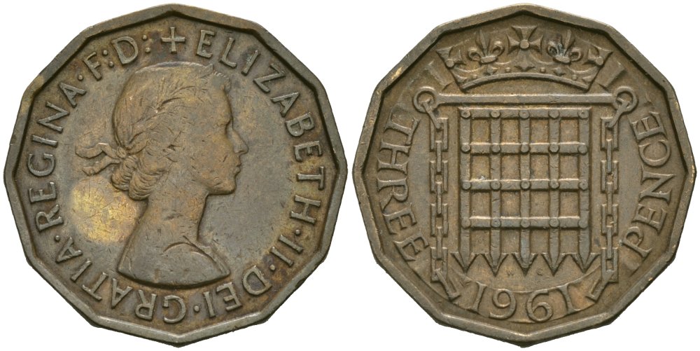 Великобритания 3 пенса 1961 Елизавета II (1952-2022) KM 900, Spink 4153 никель латунь 4579-211
