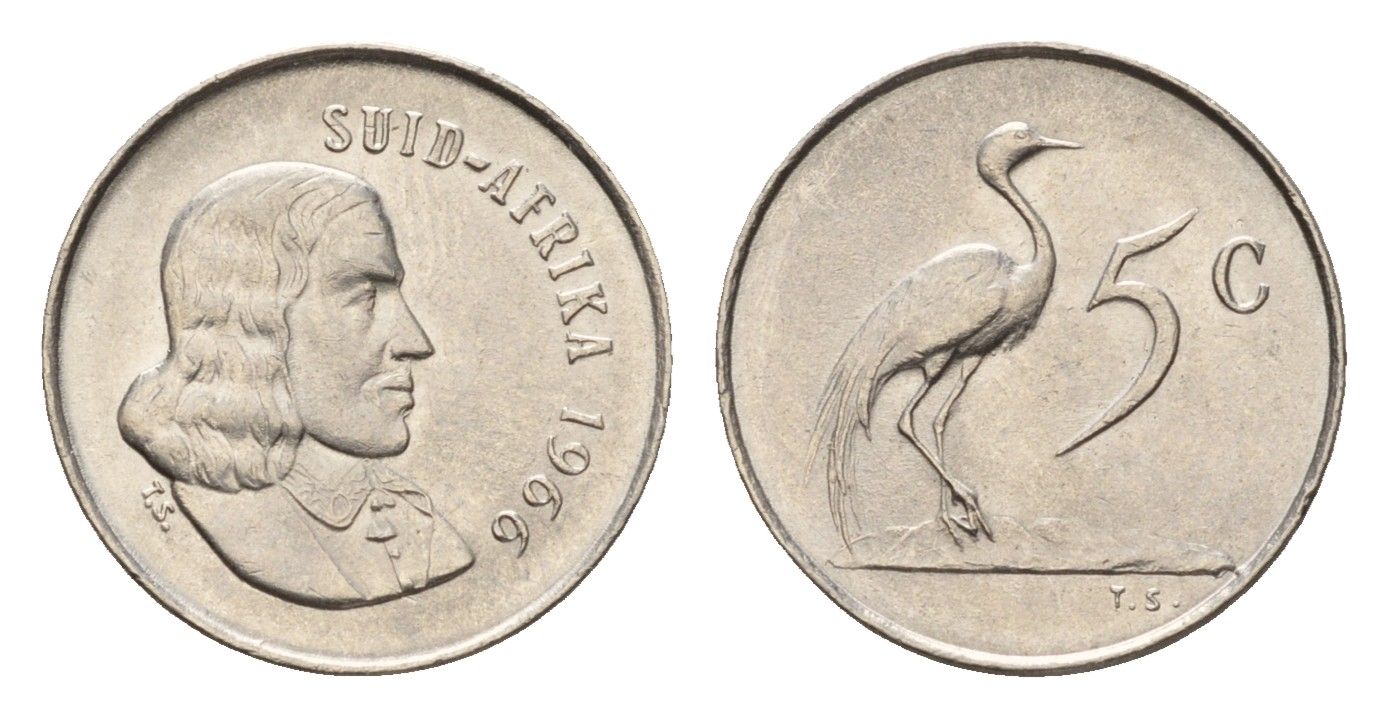 ЮАР 5 центов 1965 Ян ван Рибек (1619-1677), Suid Africa, легенда на африкаанс, райский журавль KM 67.2 никель 4679-148