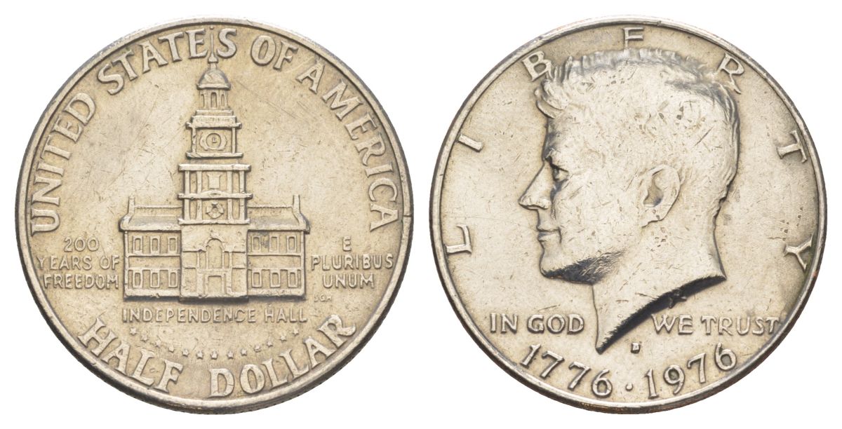 США 1/2 доллара (50 центов) 1976 D, 200 лет независимости, Джон Кеннеди KM 205 медь плакированная медно-никелем aUNC 4545-726