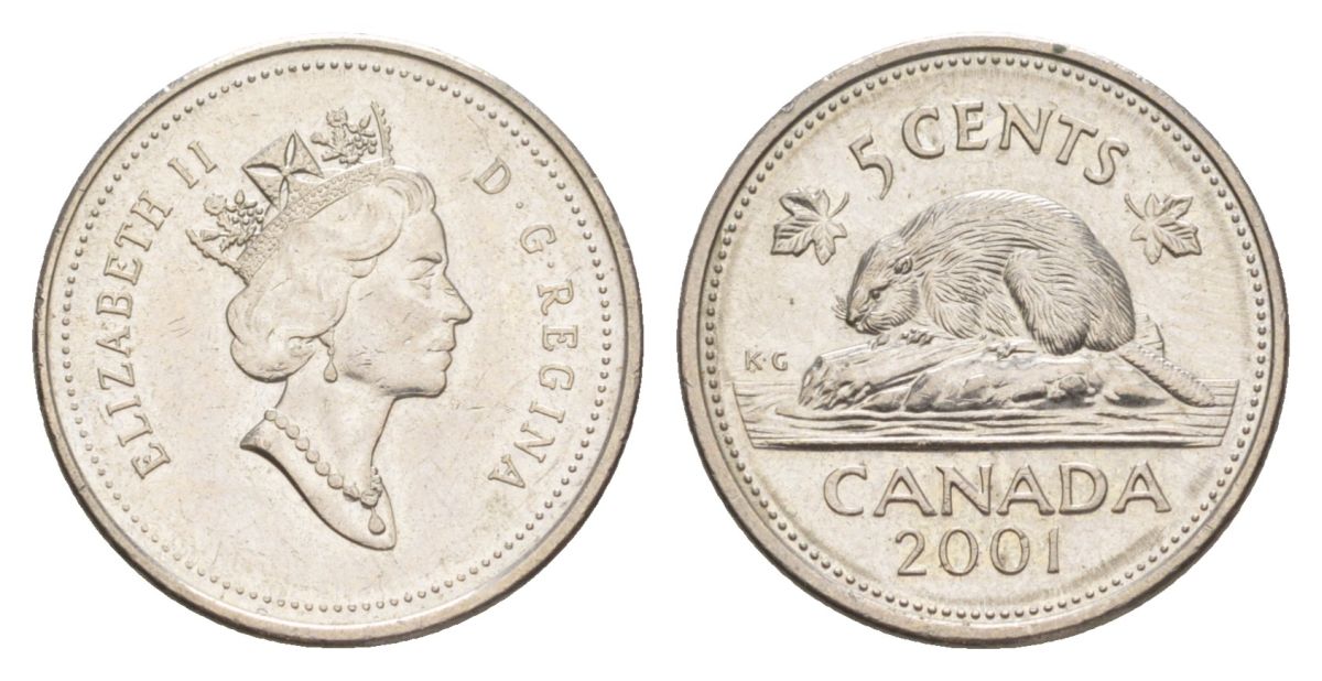 Канада 5 центов 2001 Елизавета II (1952-2022), бобр KM 182 медно-никель 4630-751