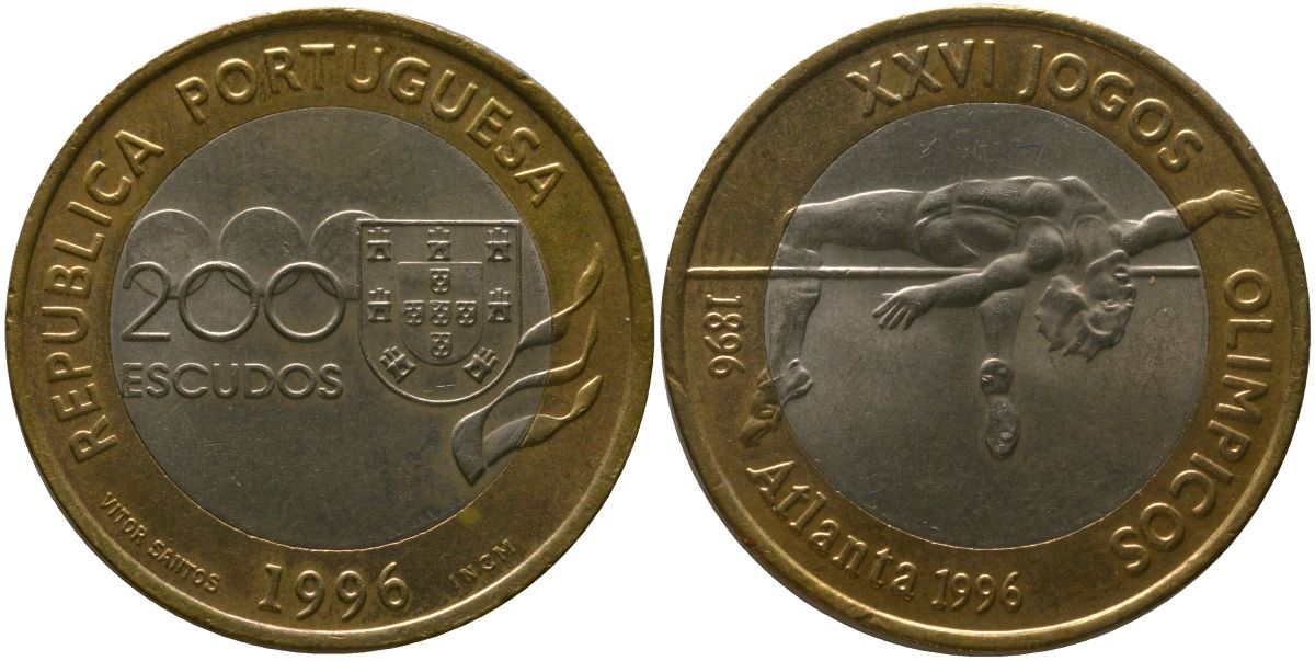 Португалия 200 эскудо 1996 INCM, XXVI летние Олимпийские Игры, Атланта 1996 KM 687 биметалл aUNC 4583-211