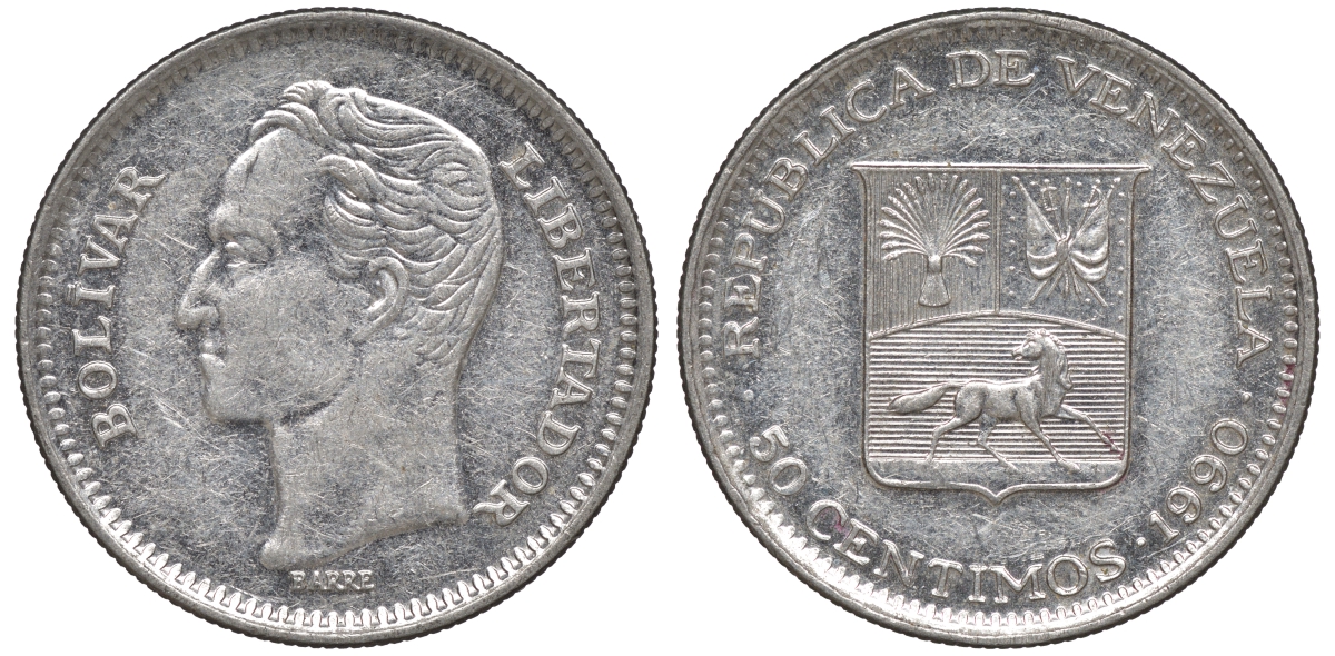 Венесуэла 50 сентимо 1990 Y 41a сталь плакированная никелем 4606-337