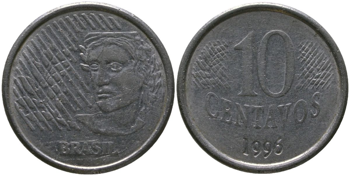 Бразилия 10 сентаво 1996 KM 633, Schon 142 нержавеющая сталь 4519-953