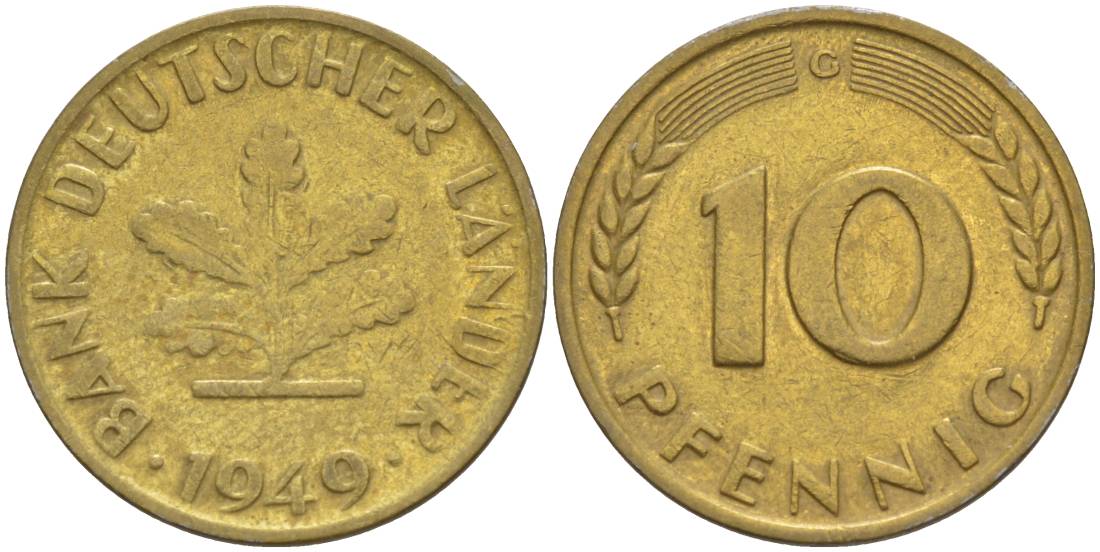 ФРГ 10 ПФЕННИГОВ 1949 G KM 103, J. 378 сталь плакированная латунью 219-421