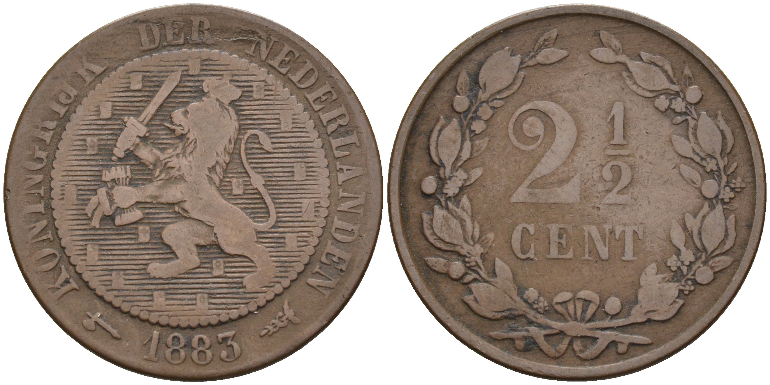 Нидерланды 2-1/2 цента 1883 редкий год KM 108 медь 4595-321