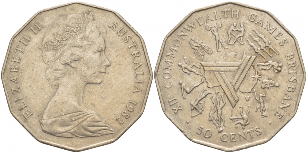 Австралия 50 центов 1982 Елизавета II (1952-2022), XII игры стран Британсого содружества KM 74 медно-никель 29-123