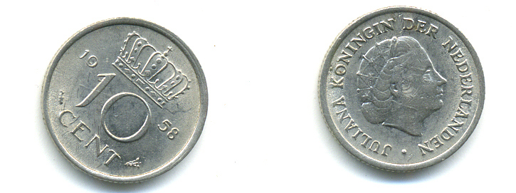 НИДЕРЛАНДЫ 10 ЦЕНТОВ 1958 ЮЛИАНА KM 182 никель UNC 83-961