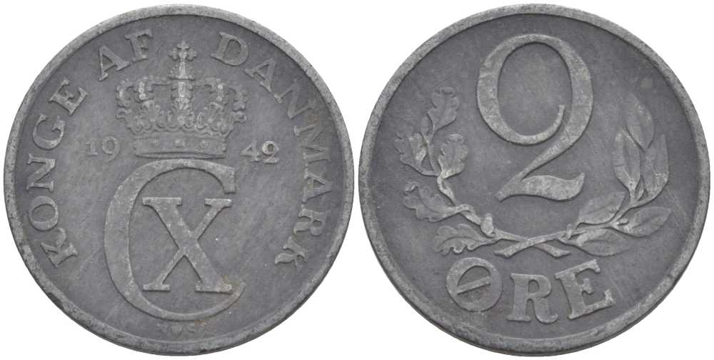 ДАНИЯ 2 ЭРЕ 1942 N; S, КРИСТИАН X (1912-1947) KM 833а цинк 67-514