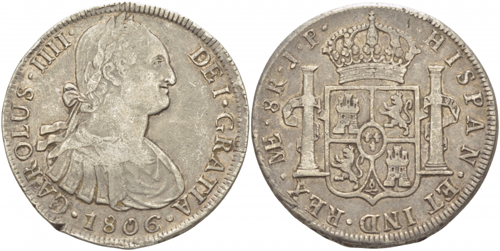 ПЕРУ 8 РЕАЛОВ 1806 JP, КАРЛОС IIII (1788-1808) ИСПАНСКАЯ КОЛОНИЯ, МОНДВОР LIMA, ПРОБА 903, ВЕС 26,9 ГР. KM 97 серебро 413-1445