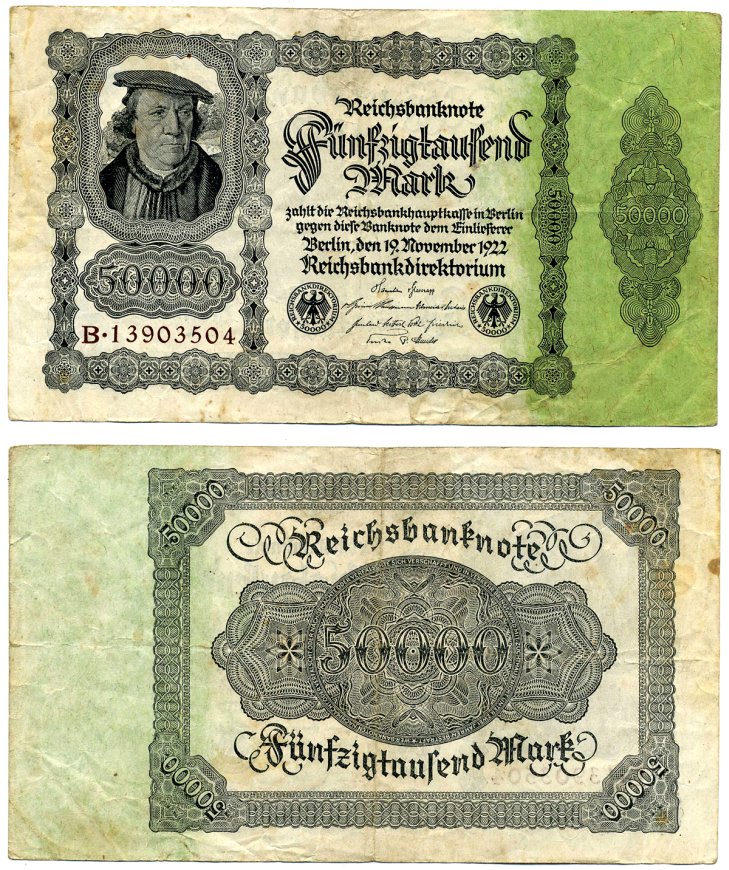 Германия 50000 марок 1922 19 ноября 1922, выпуск (20 февраля 1923-5 июля 1925), номер восьмизначный, серия В Pick 79, Роземберг 79а бумага 2194-5-1-2