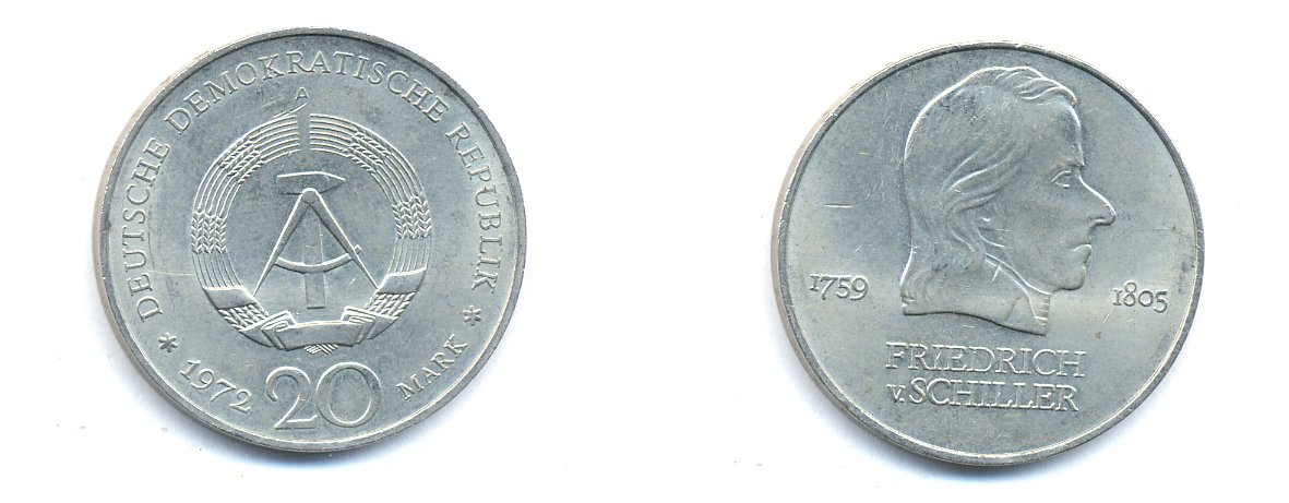 ГДР 20 марок 1972 А, Фридрих Шиллер (1759-1805) KM 40 медно-никель 3333-736