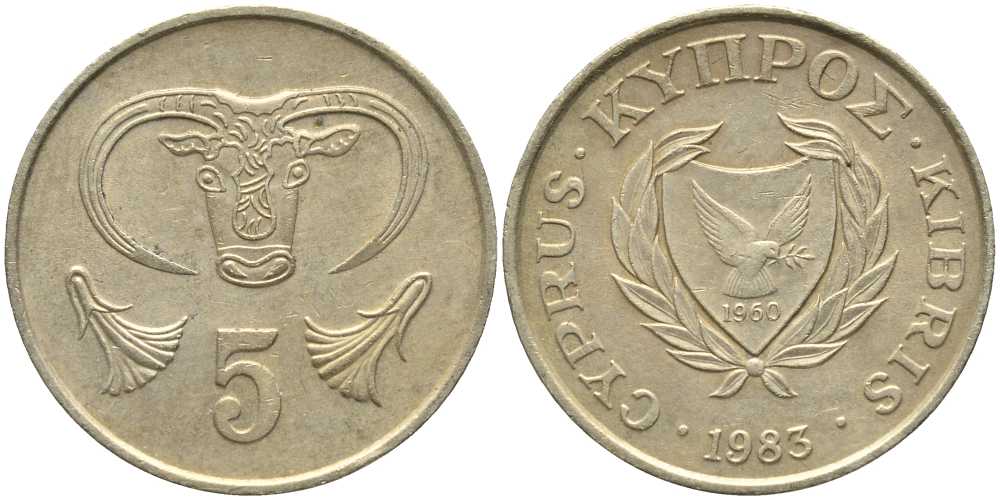 Кипр 5 центов 1983 голова быка KM 55.1 никель латунь 113-741