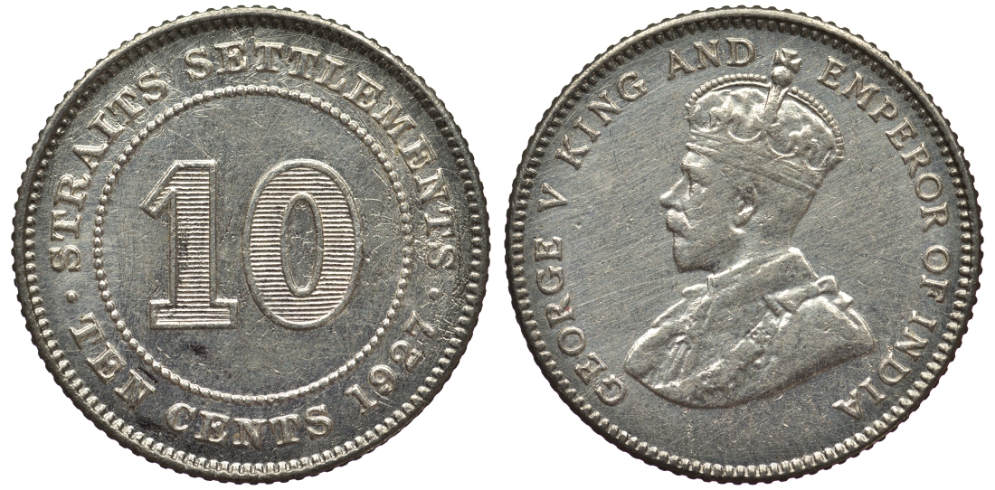Стрейтс-Сетлментс 10 центов 1927 Георг V (1910-1936) КМ 29b серебро 53-655