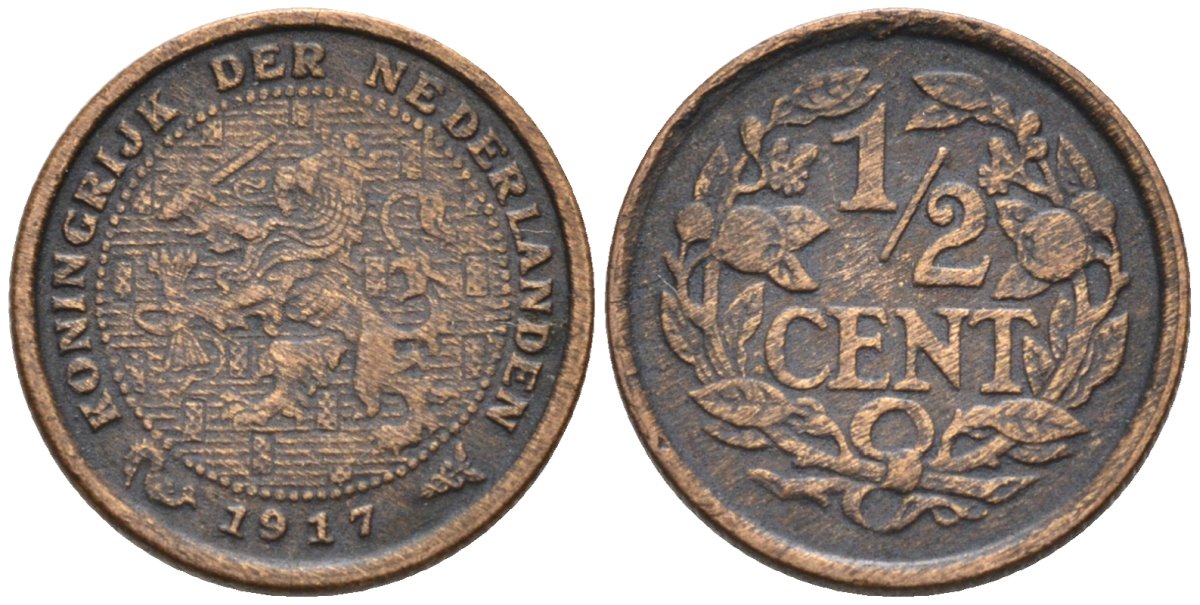 Нидерланды 1/2 цента 1917 Вильгельмина (1890-1948) KM 138 бронза 4576-416