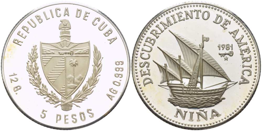 Куба 5 песо 1981 открытие Америки, парусники Колумба, испанская каравелла Нинья, тираж 1000 экземпляров KM 71 серебро PROOF 1087-9-52