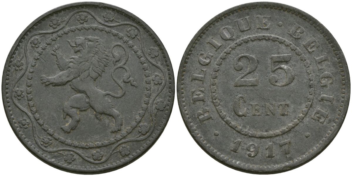 Бельгия 25 сантимов 1917 Belgique - Belgie KM 82 цинк 4135-1057