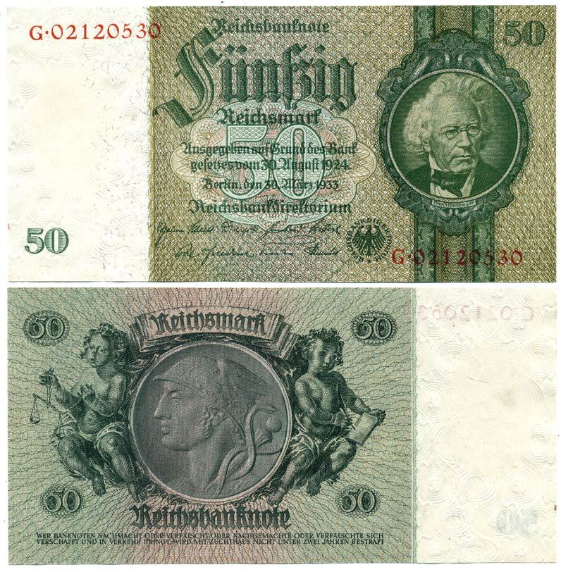 Германия 50 рейхсмарок 1933 Давид Ганземан, без серийного номера на оборотной стороне Pick 182 b бумага аUNC 7214-34-2-2
