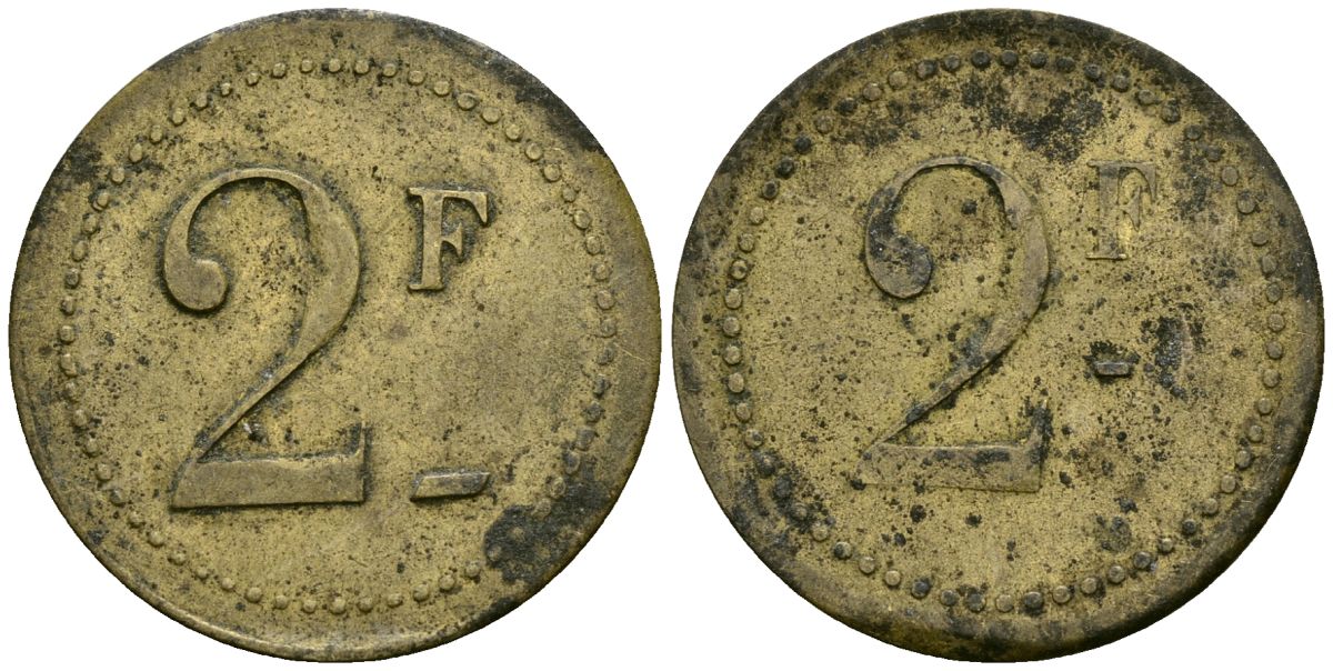 Франция 2 франка XIX-XX век ресторанный жетон латунь 4166-953