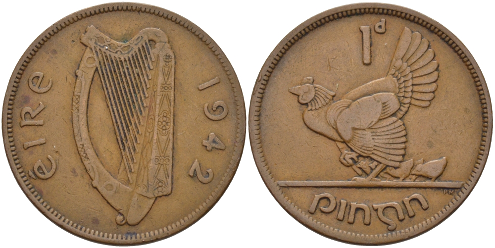 ИРЛАНДИЯ 1 ПЕННИ 1942 КУРИЦА С ЦЫПЛЯТАМИ KM 11 бронза 38-232