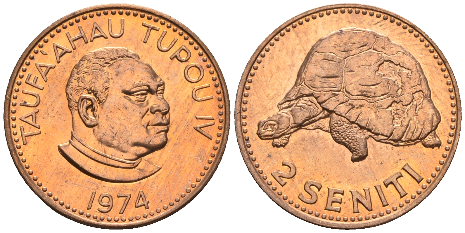Тонга 2 сенити 1974 король Тауфа’ахау Тупоу IV (1967-2006), черепаха KM 28 бронза  UNC  220-1154