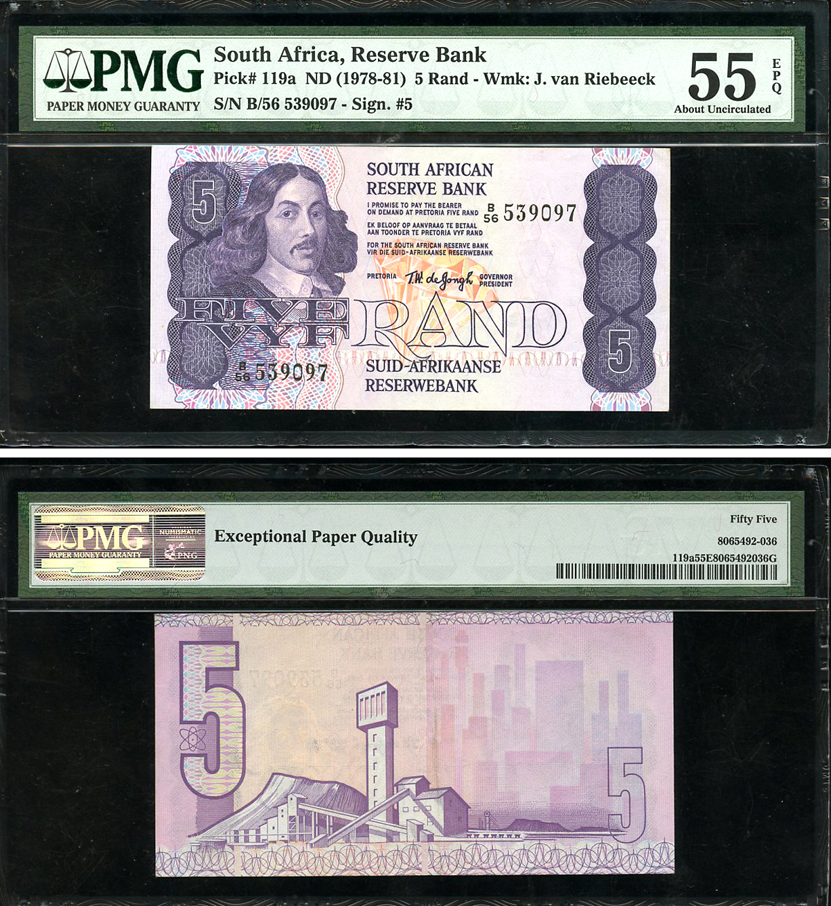 ЮАР 5 рандов ND (1978-81) Бартоломеус Вермуйден, шахты, английский-африкаанс, в слабе PMG 55 About Uncirculated Pick 119 a бумага  aUNC  452-1-58