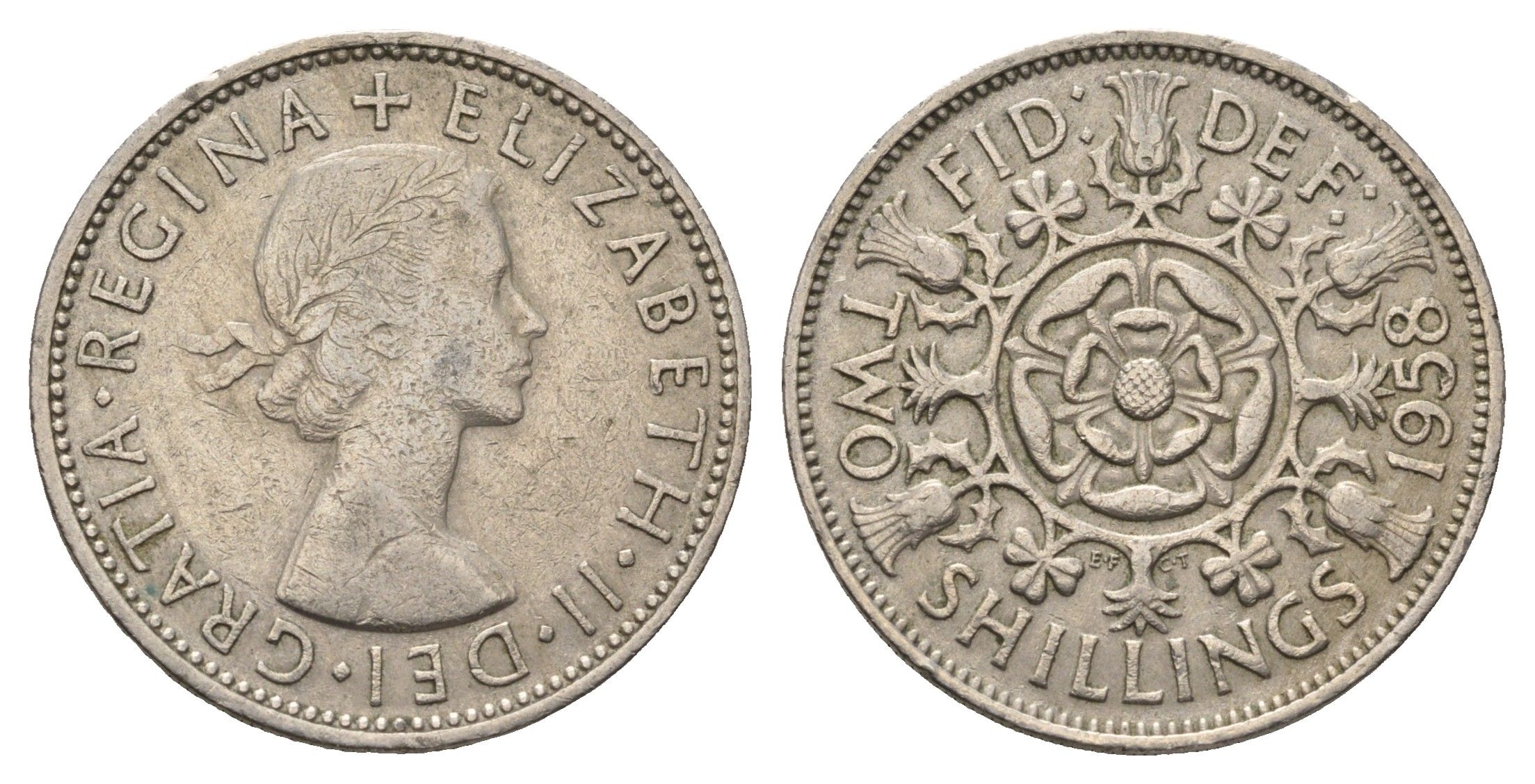 Великобритания 2 шиллинга (флорин) 1958 Елизавета II (1952-2022) KM 906, Spink 4146 медно-никель 4692-346