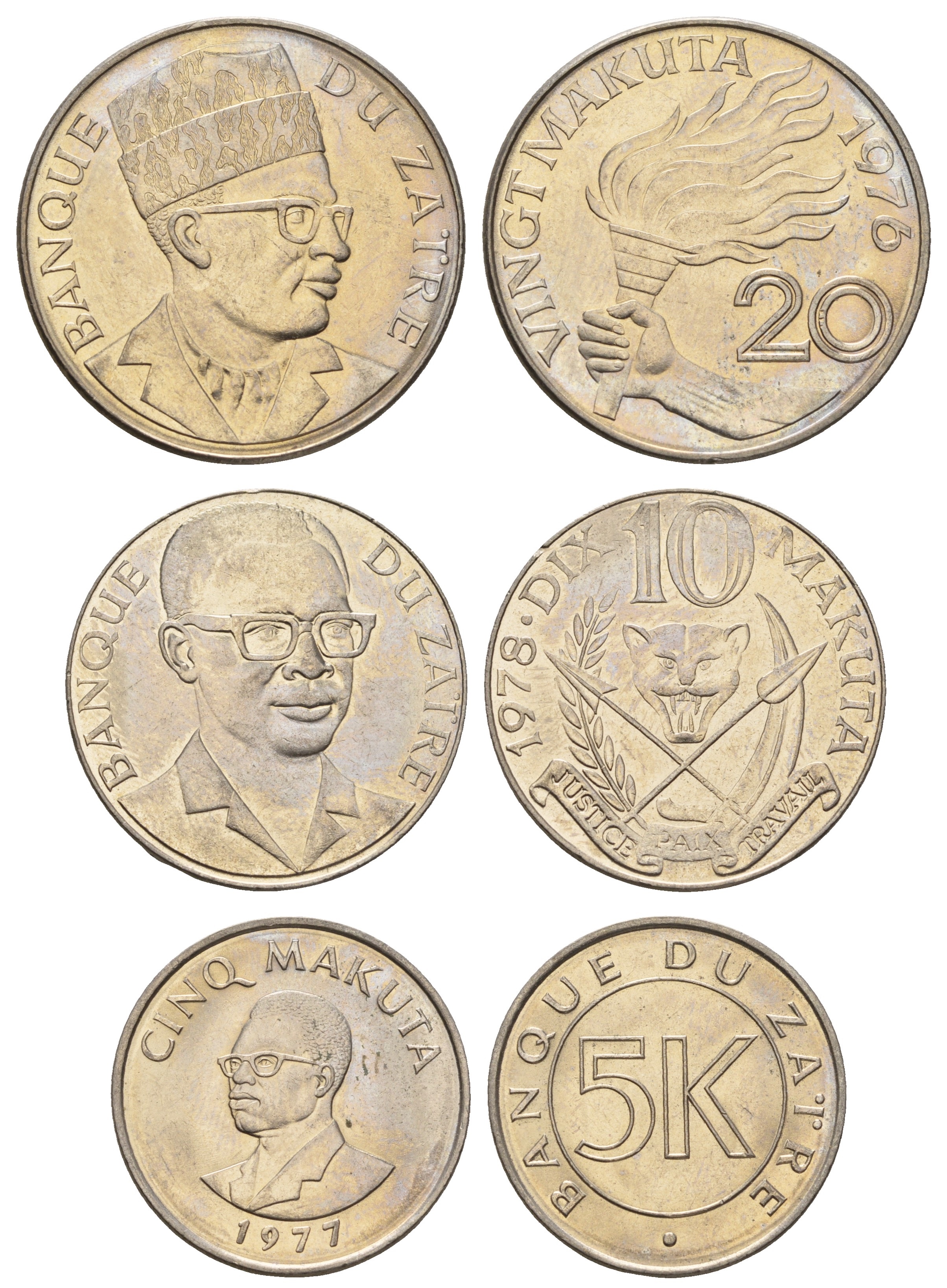 Заир лот из 3 монет 1976-1978 (5, 10 и 20 макута) KM 7, 8, 12 медно-никель UNC 650-1821